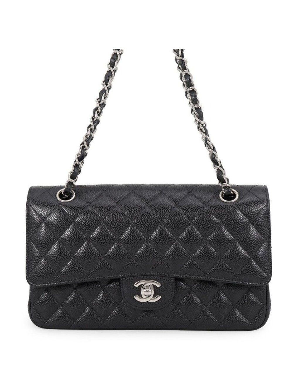 Chanel Chain Shoulder Bag Quilted 25 CC Logo Double Caviar Leather Black